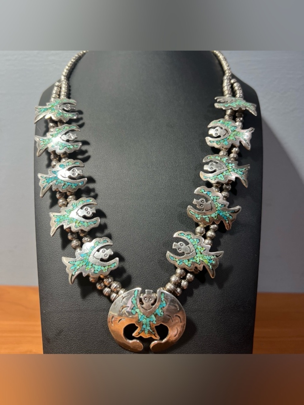 VTG 60’s Sterling Silver Navajo Inlay Turquoise Peyote Bird Naja Necklace SIGNED